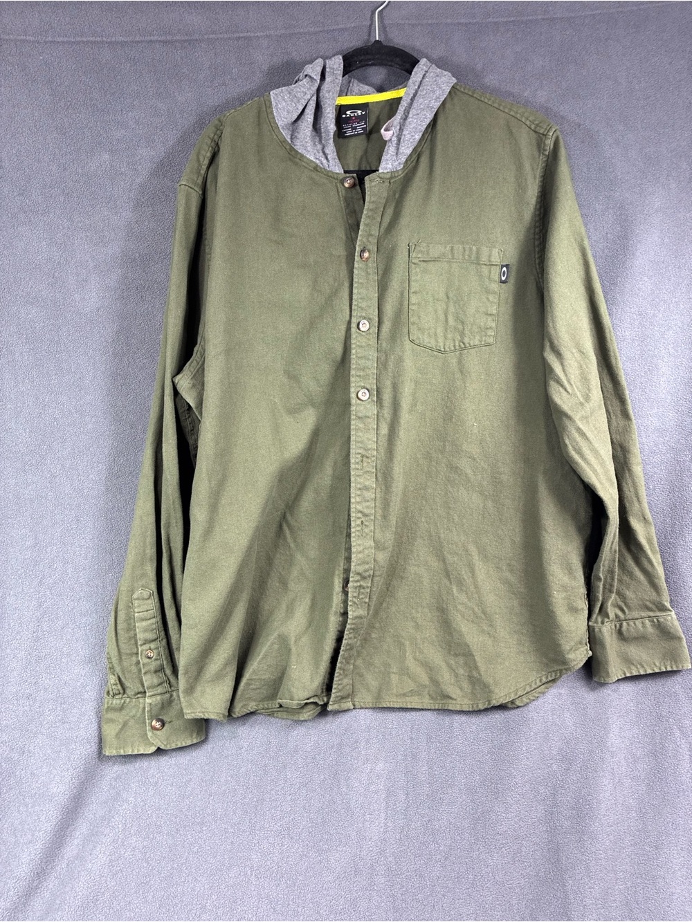 Oakley Olive Green Men's Button-Down Shirt with Grey Hood